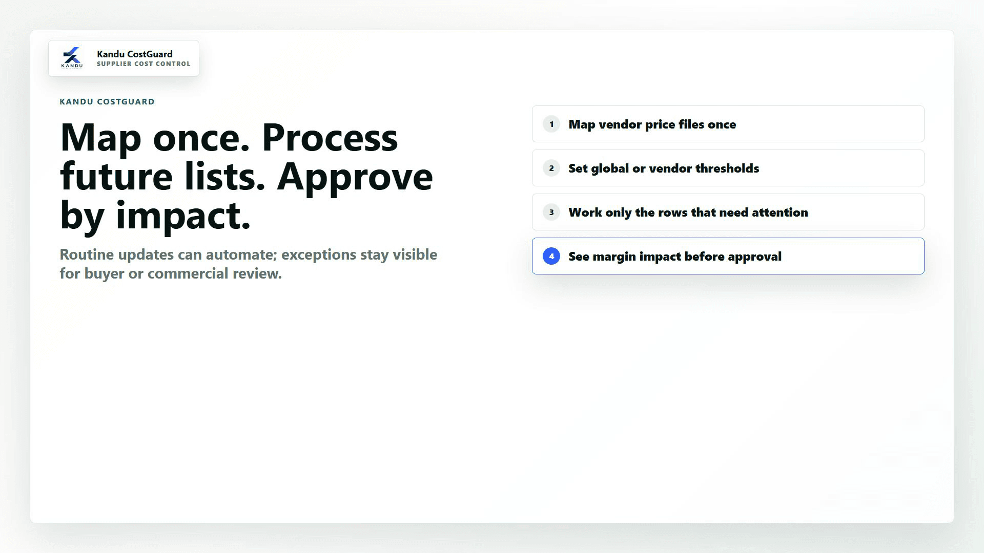 Kandu CostGuard workflow overview showing map once, process future lists and approve by impact